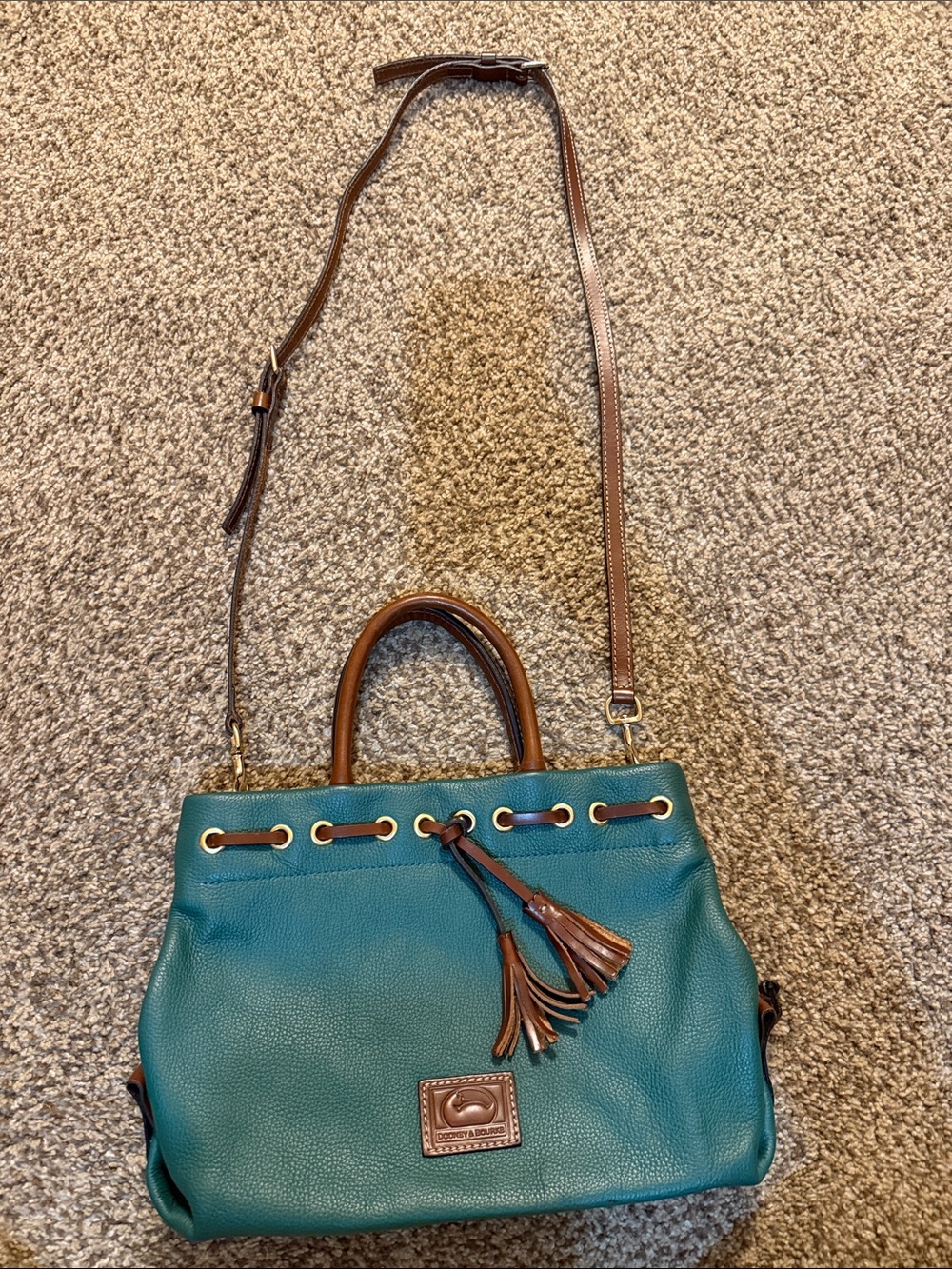 Dooney & Bourke Teal Leather Tote with Brown Trim and Tassel